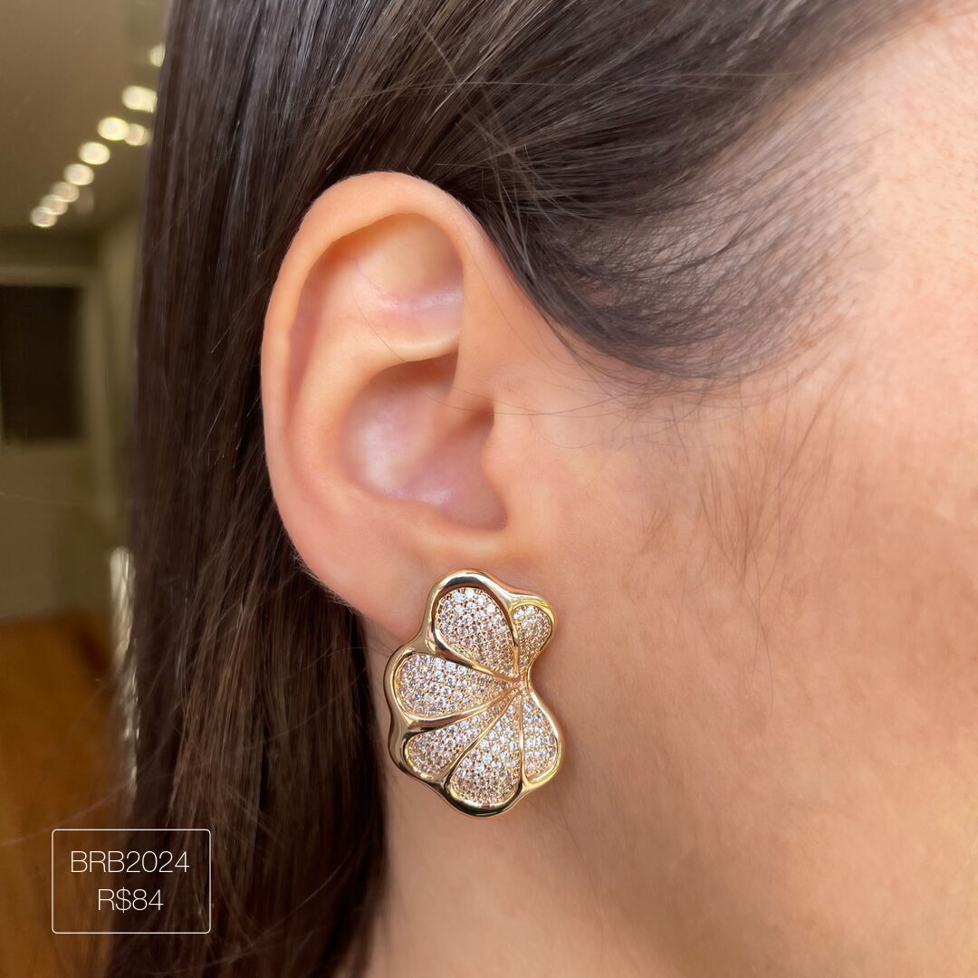 Brinco Leque Cravejado Cristal Dourado